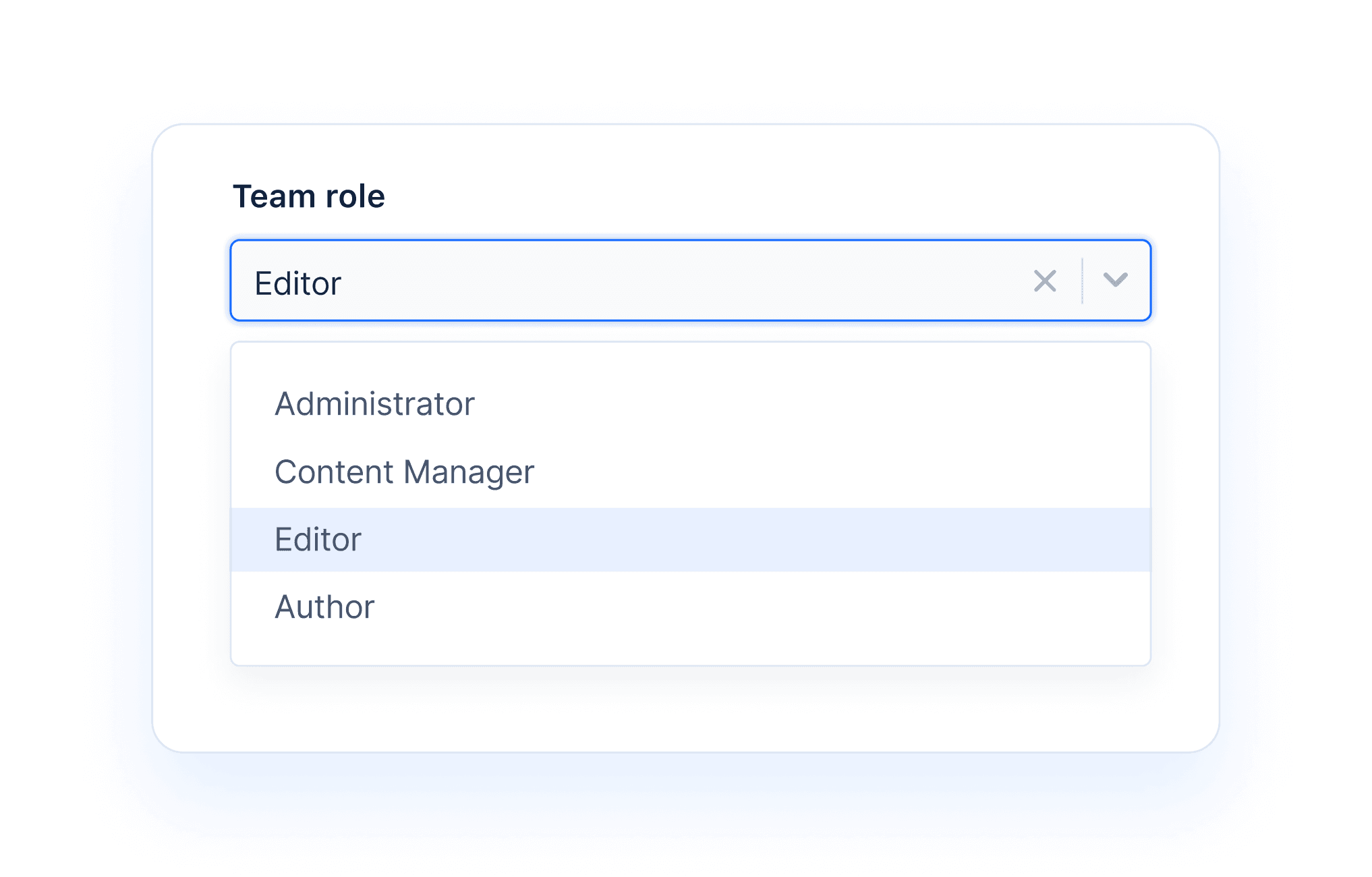 Dropdown selector from Keystone’s Admin UI showing different user roles: Administrator, Editor, Content Manager, Author